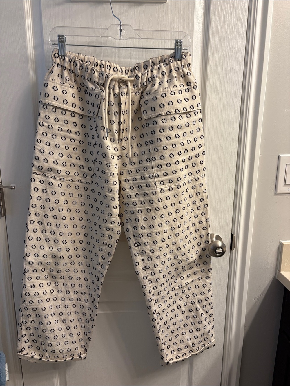 Woven Drawstring Jogger Pants in Cream with Navy Dot Print